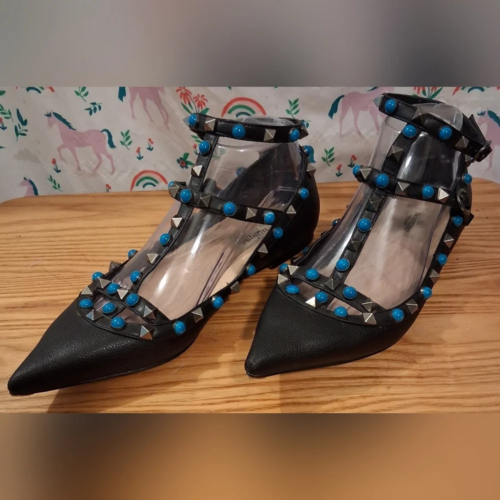 EUC Valentino Garavani Rockstud Rolling Turquoise Stud Espadrille Flat SZ 8.5 39